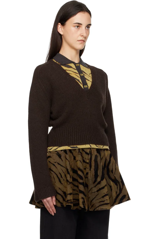 GANNI Brown V-Neck Jumper Sweater, photo 2 of 4 from SSENSE