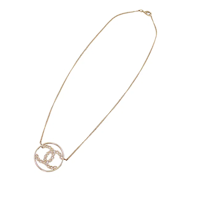 Gold Chanel CC Gold Plated Strass Round Pendant Necklace in Gold from Designer Revival