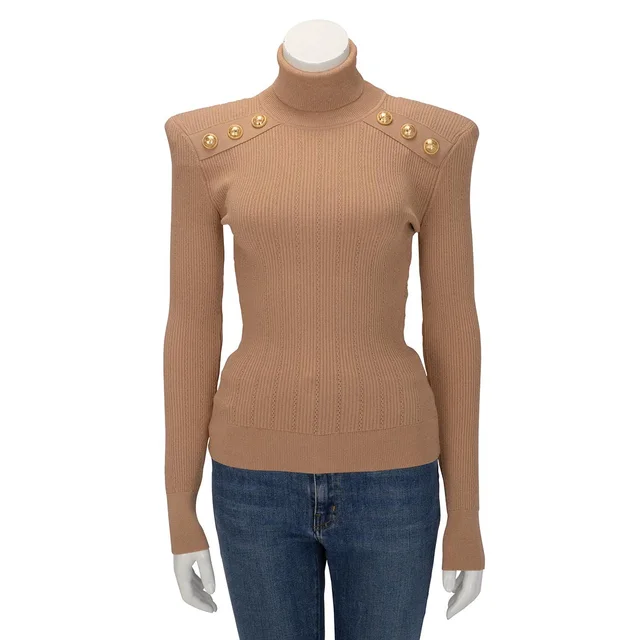 Balmain Ribbed Structured Shoulder Turtleneck Top FR 38 in Bronze from Blue Spinach