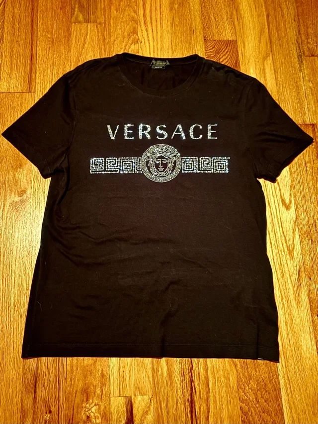 Versace Rhinestone Embossed Logo Tshirt in black|silver|gray from Poshmark, photo 1 of 1