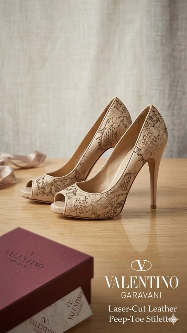 Valentino Garavani Nude Lace-Effect Peep Toe Heels - Size UK 7.5 in Beige Leather from Oxfam Online Shop