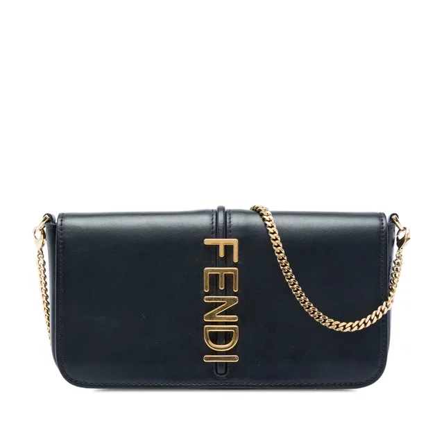 Black Fendi Leather Fendigraphy Wallet On Chain Crossbody Bag in Black Leather from Designer Revival