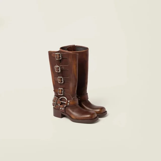 Miu Miu Women's Buckle Detail Boots in Leather from Snagged&Bagged