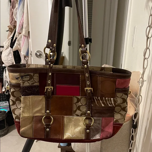 Coach Patchwork Tote Bag - Brown, Red, Gold in brown|red from Poshmark