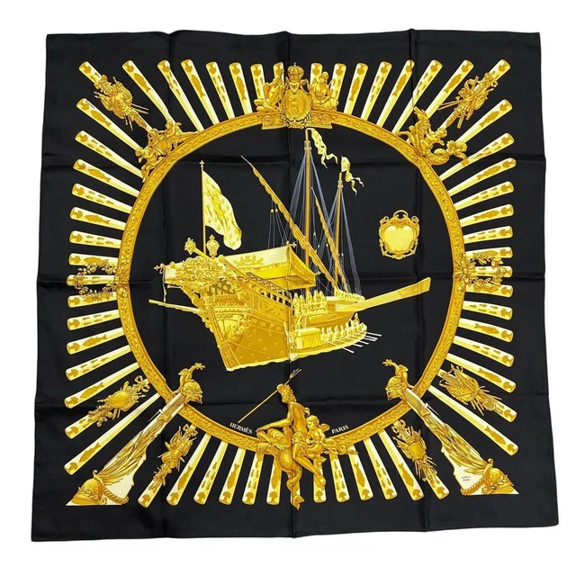 Hermès Scarf Carre 90 la Marine Rames Navy Ship Pattern 100% Silk Black in Black Silk from The Reluxe