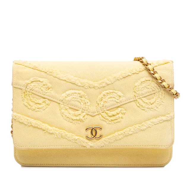 Yellow Chanel Denim Fringe Coco Wallet On Chain Crossbody Bag in Yellow Denim from Designer Revival