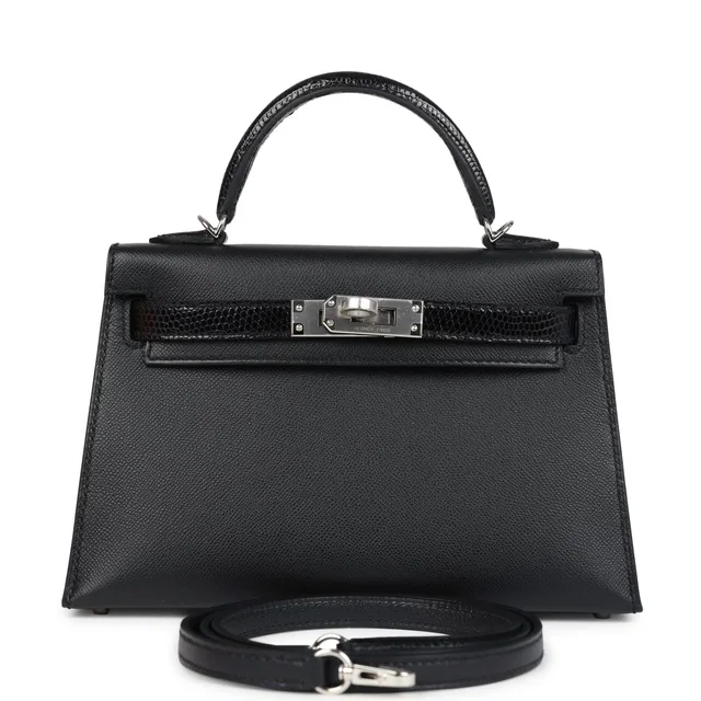 Hermès Kelly Sellier 20 Black Madame and Shiny Varanus Lizard Touch Palladium Hardware in Black Lizard from Madison Avenue Couture