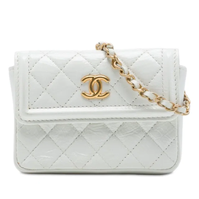 White Chanel CC Quilted Shiny Aged Calfskin Waist Bag in White Calfskin from Designer Revival