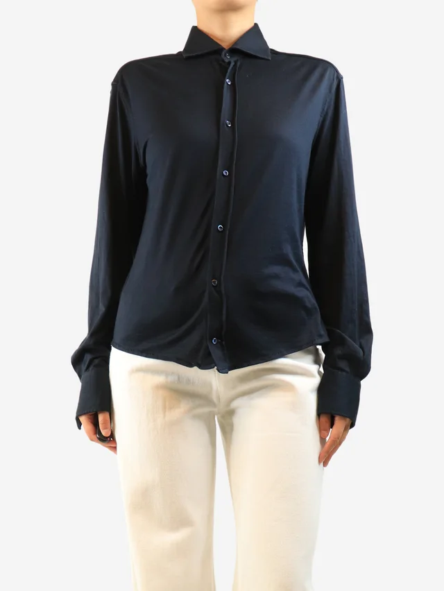 Brunello Cucinelli Navy slim fit silk-blend shirt - size M in Navy Silk from Sign of the Times