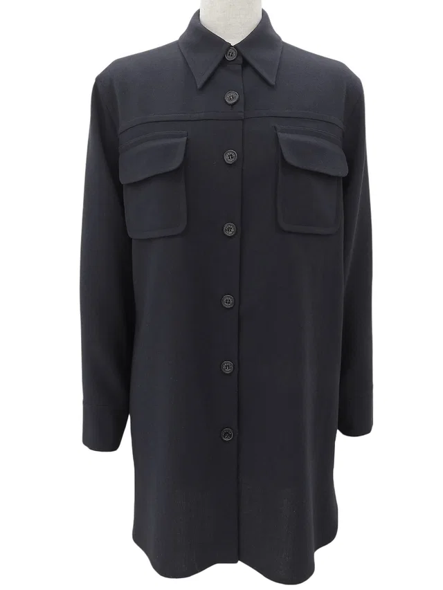Hermès Wool logo button long-sleeve shirt #38 Navy in Navy Wool from VINTAGE QOO TOKYO