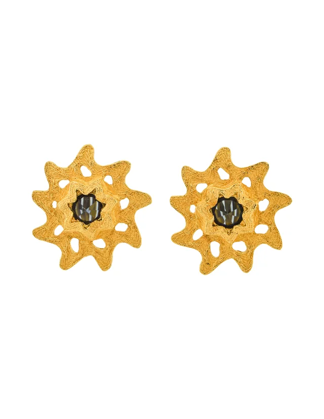 Saint Laurent Vintage Blue Rivoli Hammered Golden Sunburst Earrings in Blue from Amarcord Vintage Fashion