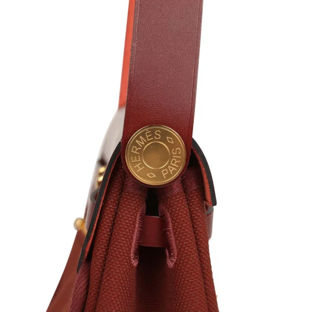 Hermès Herbag Zip 20 Mini Rouge H Toile Militaire Canvas and Vache Hunter Gold Hardware in Burgundy Canvas from Madison Avenue Couture, photo 7 of 10