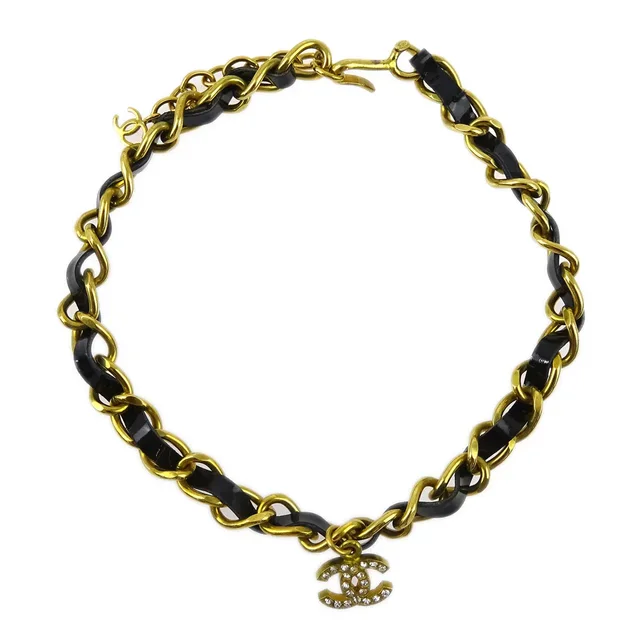 Chanel 1995 Crystal & Gold CC Choker in Gold Patent leather from AMORE Vintage Tokyo