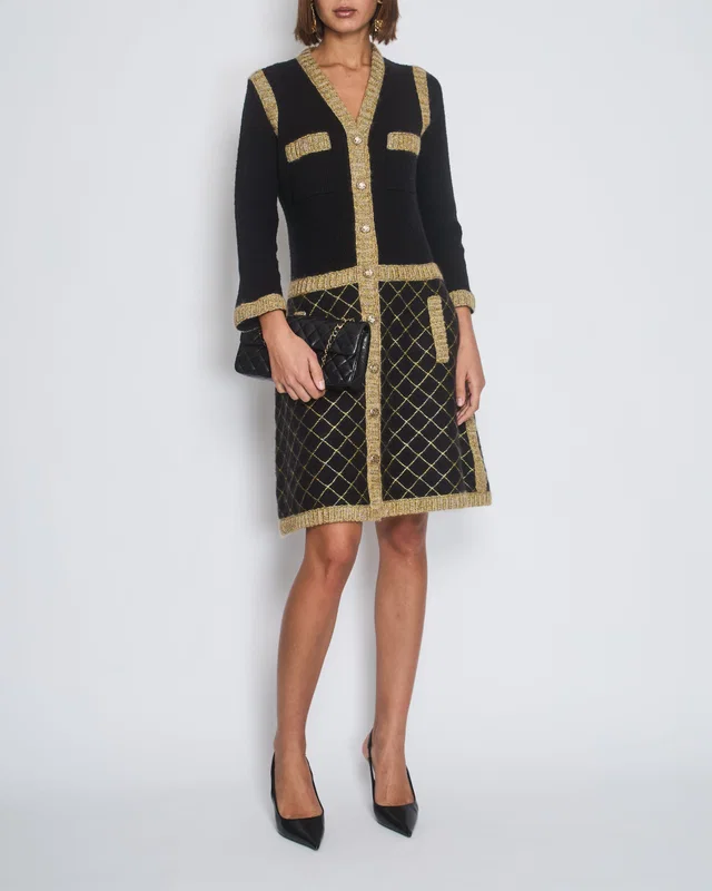 Chanel 15/A Black Long Sleeve Tweed Midi Dress Size FR 40 (UK 12) in Black Tweed from Sellier