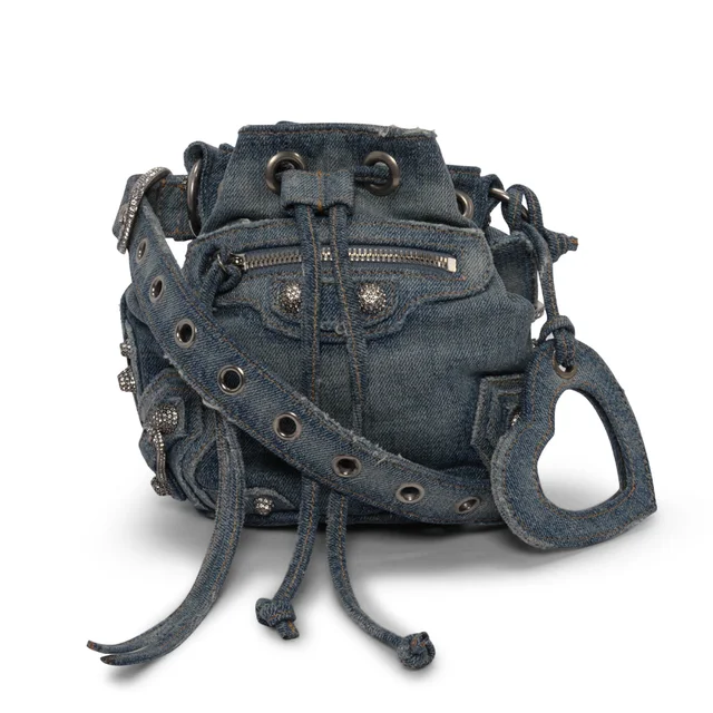 Balenciaga & Crystal BB Monogram Le Cagole Bucket Bag in Blue Denim from Blue Spinach