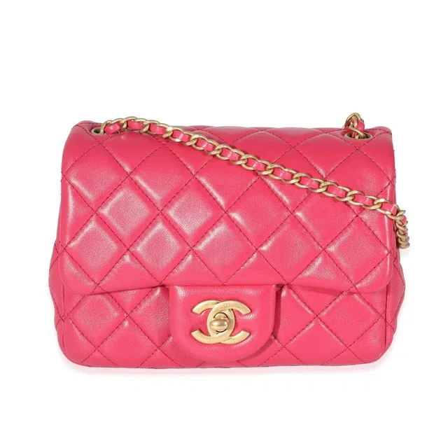 Chanel Dark Pink Quilted Lambskin Pearl Crush Mini Square Flap Bag in Pink Lambskin from Luxury Promise