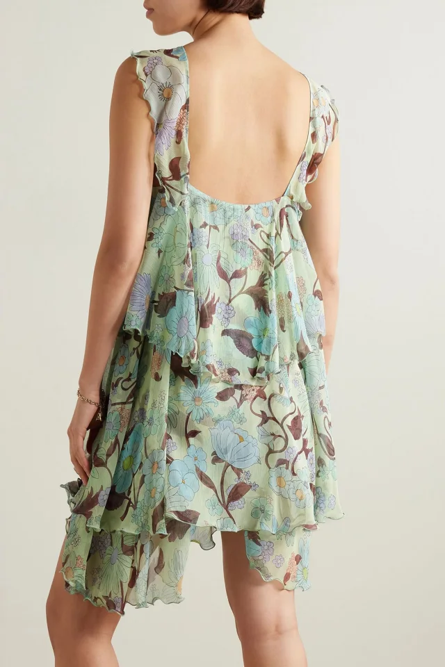Stella McCartney Ruffled Floral-Print Silk-Chiffon Mini Dress in Mint, photo 3 of 4 from THE OUTNET