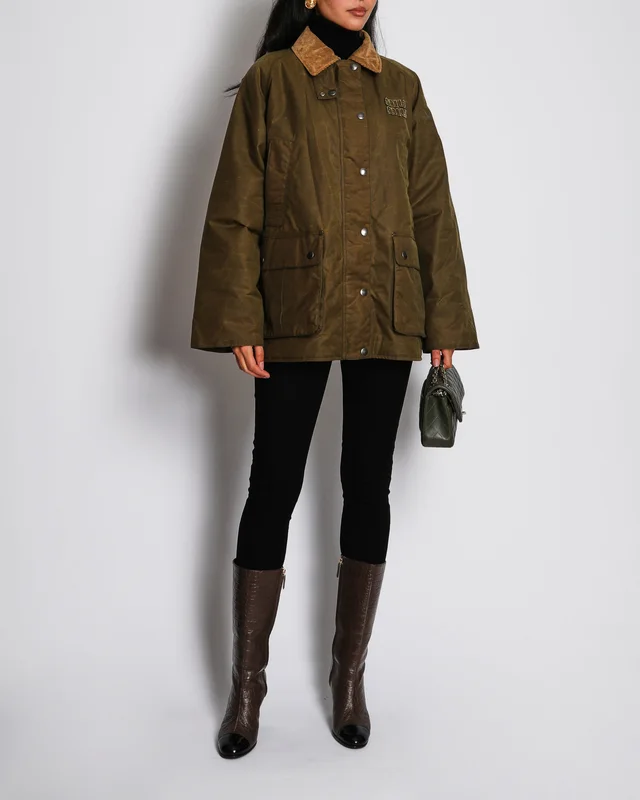 Miu Miu Olive Green Waxed Coated Padded Jacket with Logo and Corduroy Collar Detail Size IT 40 (UK 8) in Green from Sellier, photo 2 of 2
