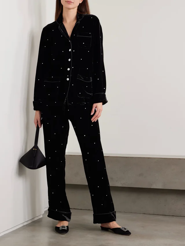 OLIVIA VON HALLE Coco crystal-embellished velvet pajama set in Black, photo 2 of 2 from NET-A-PORTER (Canada)