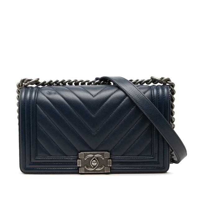 Blue Chanel Old Medium Chevron Caviar Boy Flap Crossbody Bag in Blue Caviar leather from Designer Revival