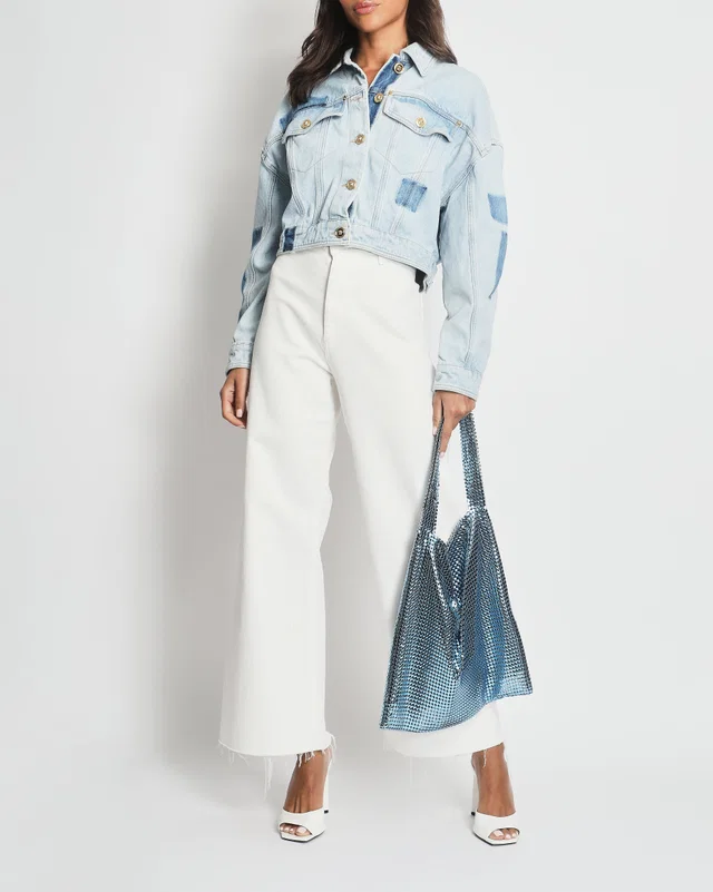 Versace Denim Jacket with Gold Button and Logo Detail IT 42 (UK 10) in Gold Denim from Sellier