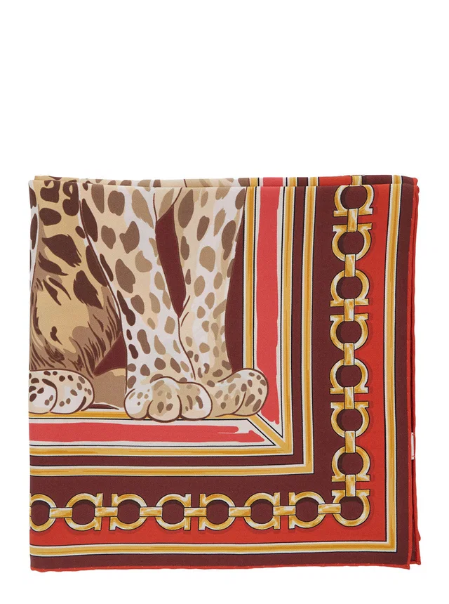 Ferragamo Silk Chain And Animal Print Scarf — Multicolor Scarfs in Multicolor Silk from HEWI