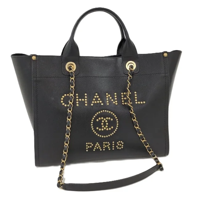 Chanel Deauville 2-Way Tote Bag Studs Chain Shoulder Leather Black in Black Leather from The Reluxe