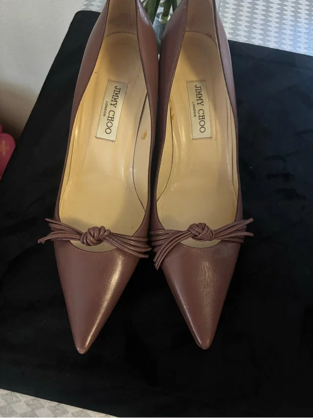 Jimmy Choo Brown Pointed Toe Knot-Trim Leather Pumps in brown|red Leather from Poshmark