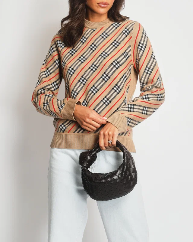Burberry Camel Merino Wool Jumper with Black & Red Chequered Print Size XS (UK 6) in Black Wool from Sellier