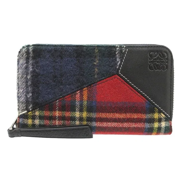 Loewe Puzzle Tartan Check Zip Around Wool Leather Multicolor Wallet Red Navy in Red Wool from The Reluxe