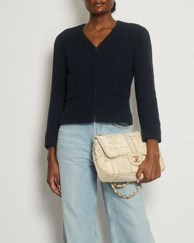 Chanel 09/P Navy Tweed Jacket with Zip Detail FR 42 (UK 14) in Navy Tweed from Sellier