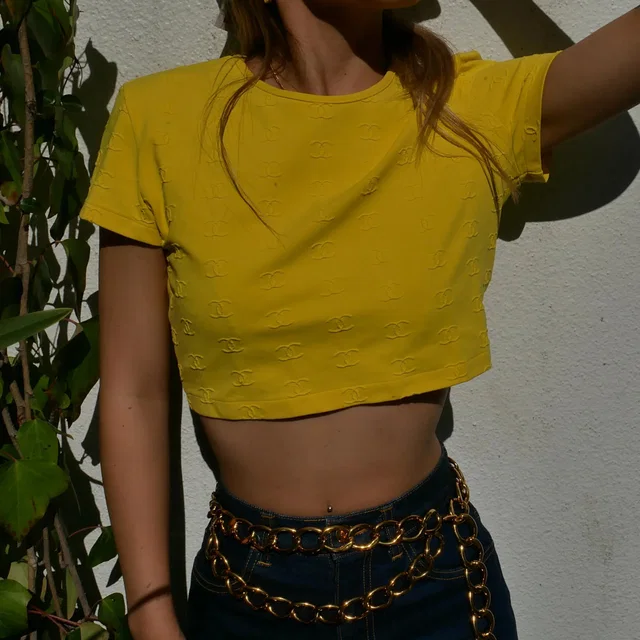 Chanel 1997 Yellow Cropped Top in Yellow Nylon from AMORE Vintage Tokyo