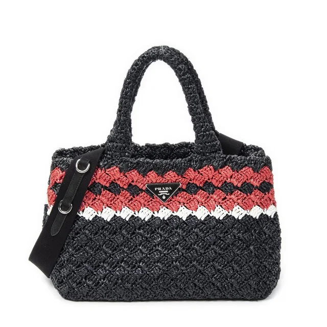 Prada Canapa Small Tote Bag Black Red Raffia Crochet Canvas in Black Canvas from The Reluxe