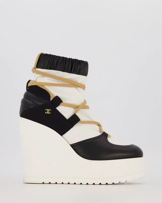 Chanel Cream and Black FW19 Leather and Fabric Runway Wedge Platform Boots Size EU 39 in Black Leather from Sellier
