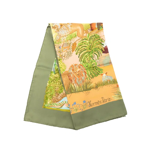Green Hermès Nuba Mountain Silk Scarf 90 Scarves in Green Silk from Designer Revival