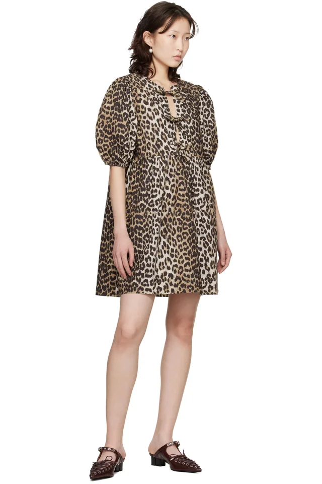 GANNI Beige Leopard Printed Cotton Tie String Minidress, photo 4 of 4 from SSENSE