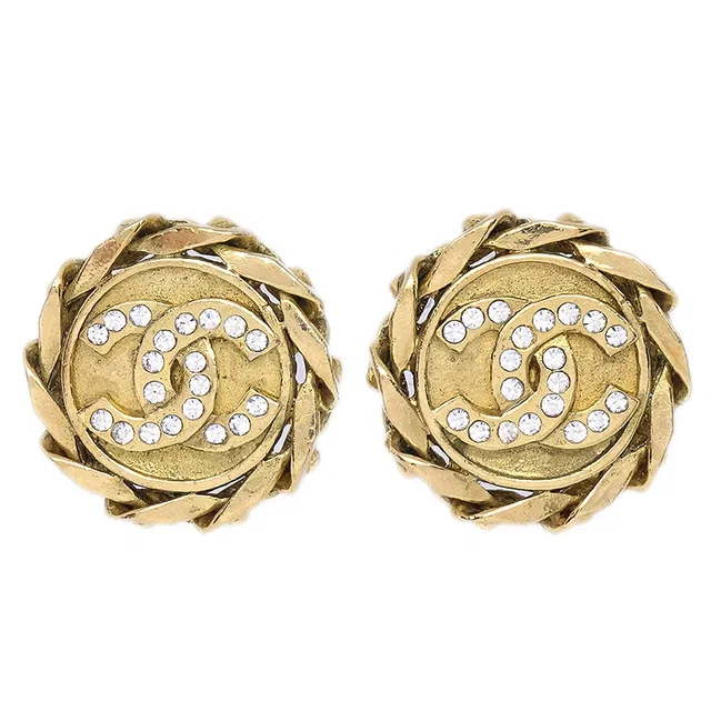 Chanel 1988 Crystal & Gold CC Earrings Clip-On 23 in Gold from AMORE Vintage Tokyo