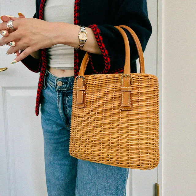 Ferragamo Gancini Plate Straw Bag Brown in Brown Raffia from VINTAGE QOO TOKYO