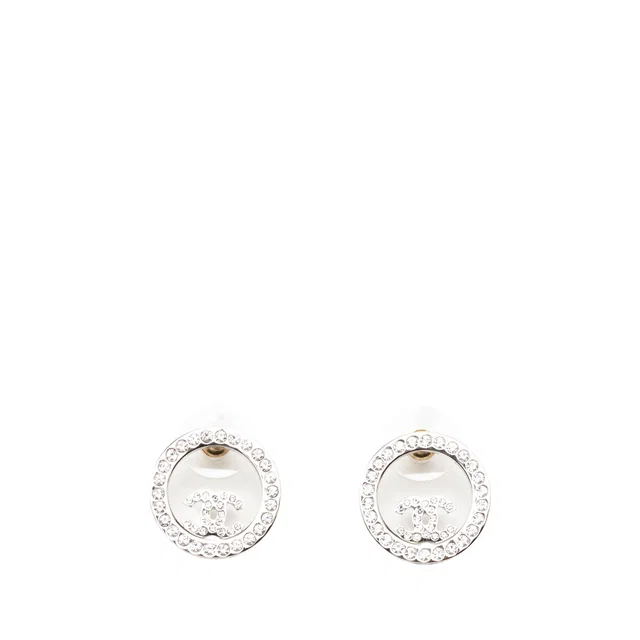 Silver Chanel CC Brass Strass Push Back Earrings in Silver from Designer Revival