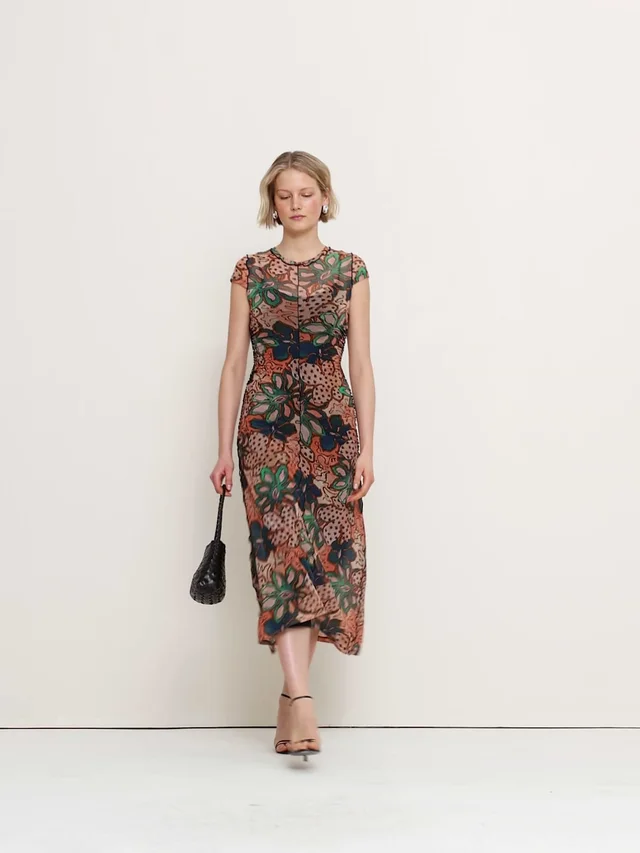 Banana Republic Ruched Mesh Short-Sleeve Midi Dress in Peach Bloom, photo 6 of 6 from Banana Republic (Canada)