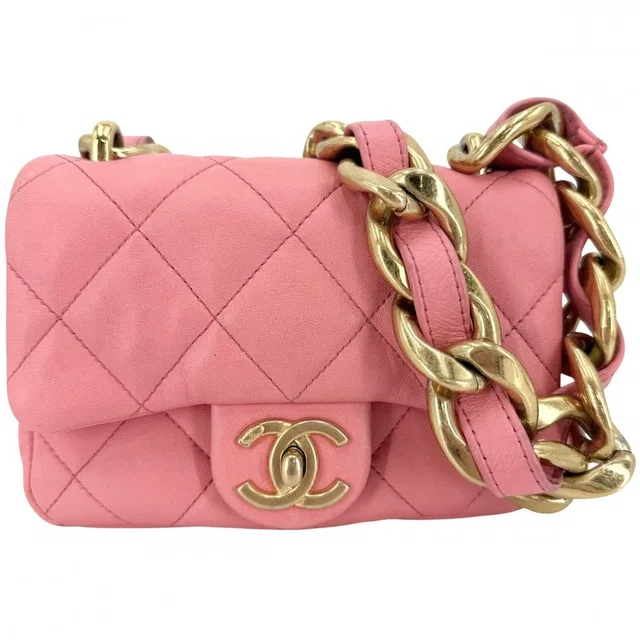 Chanel Big Shoulder Bag Mini Quilted Chain Turnlock Mini CC Logo Leather Pink in Pink Leather from The Reluxe