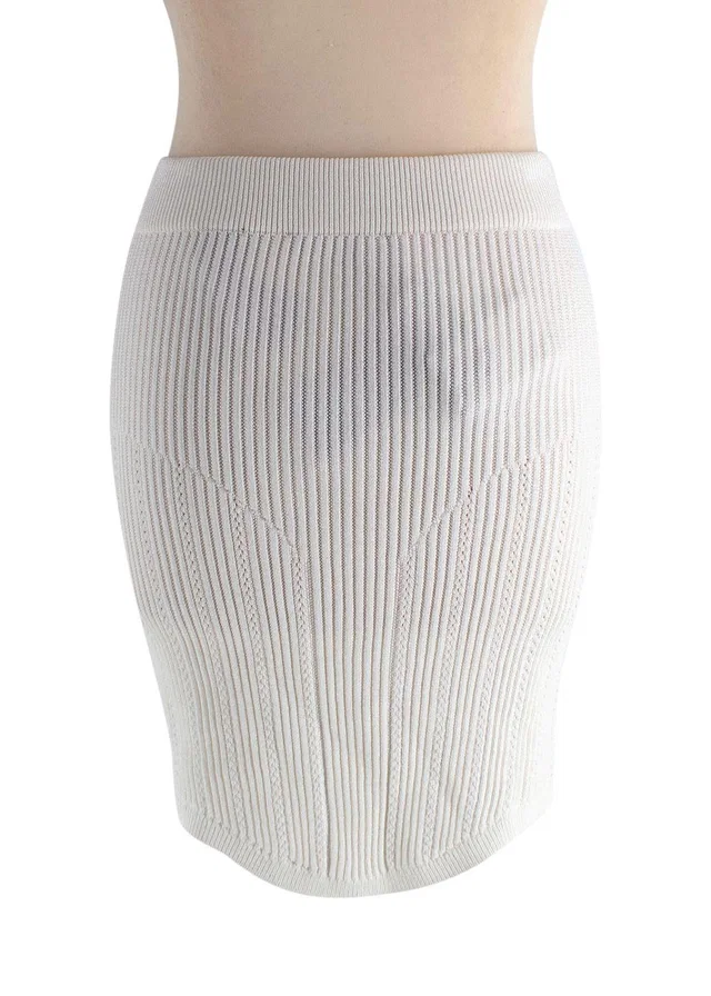 Balmain Cream Ribbed Knit Mini Skirt with Gold Button Detail in White from HEWI