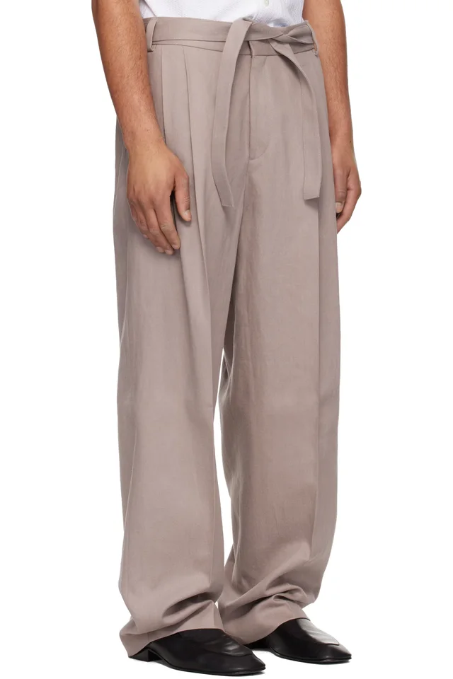 Hugo Taupe Fashion-Fit Front Pleat Belt Detail Trousers, photo 2 of 4 from SSENSE