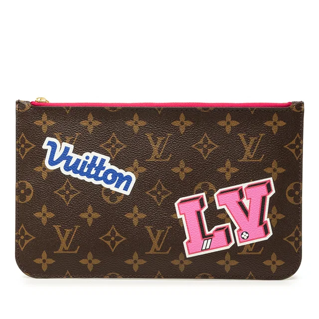 Brown Louis Vuitton Monogram Patches Neverfull MM Pouch in Brown Coated canvas from Designer Revival