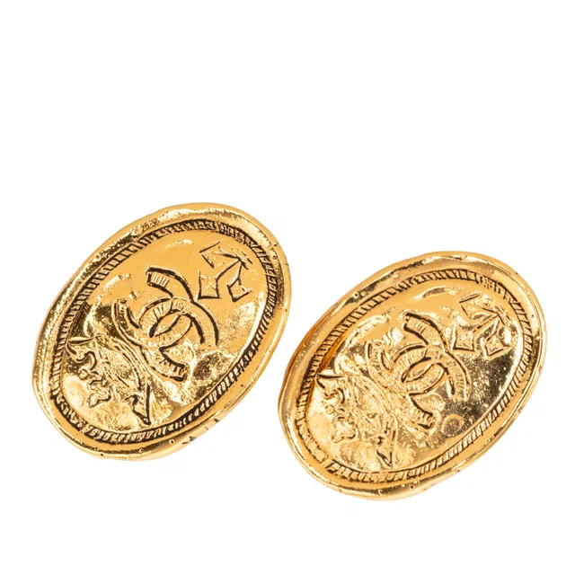 Gold Chanel CC Gold Plated Crown Oval Clip On Earrings in Gold from Designer Revival