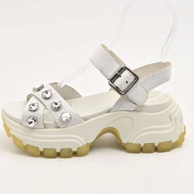 Miu Miu Sandals White Bijou Crack Leather in White Leather from The Reluxe