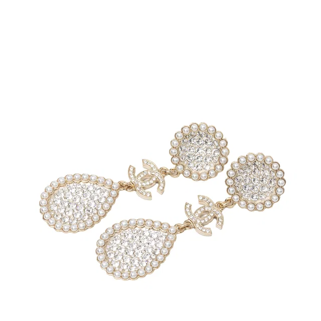 Gold Chanel CC Gold Plated Strass and Faux Pearl Drop Push Back Earrings in Gold from Designer Revival