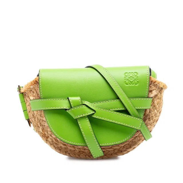 Green LOEWE Mini Raffia Gate Crossbody in Green Raffia from Designer Revival