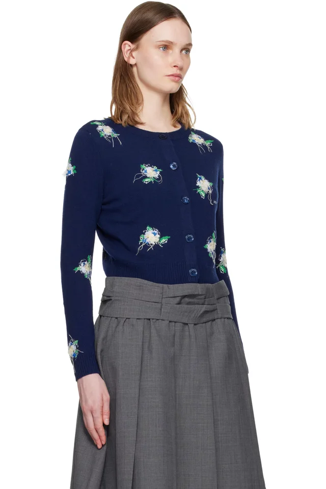 SHUSHU/TONG Navy Threadwork Knit Cardigan, photo 2 of 4 from SSENSE