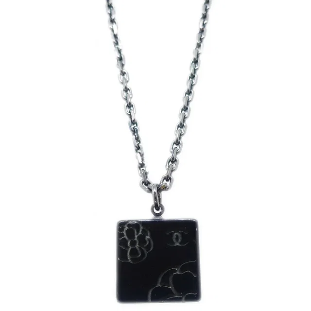 Chanel Silver Black Square Necklace Pendant 02A in Black Resin from AMORE Vintage Tokyo